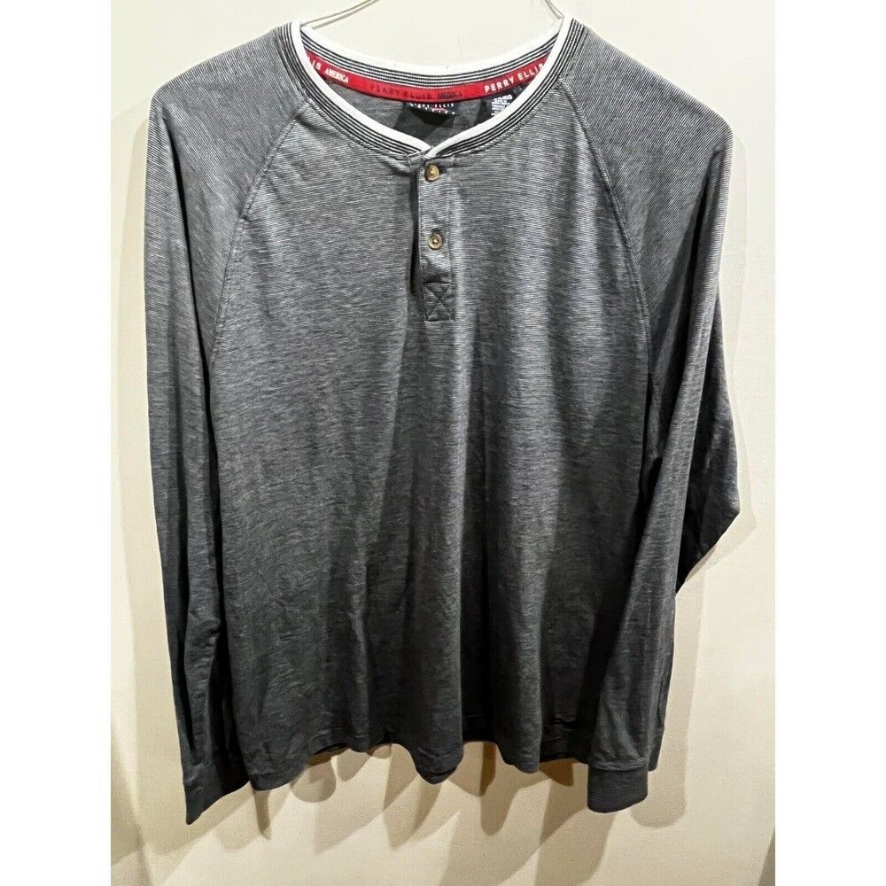 Perry Ellis America Shirt Mens Size XL Gray Long Sleeve 1/4 Button Preppy Casual